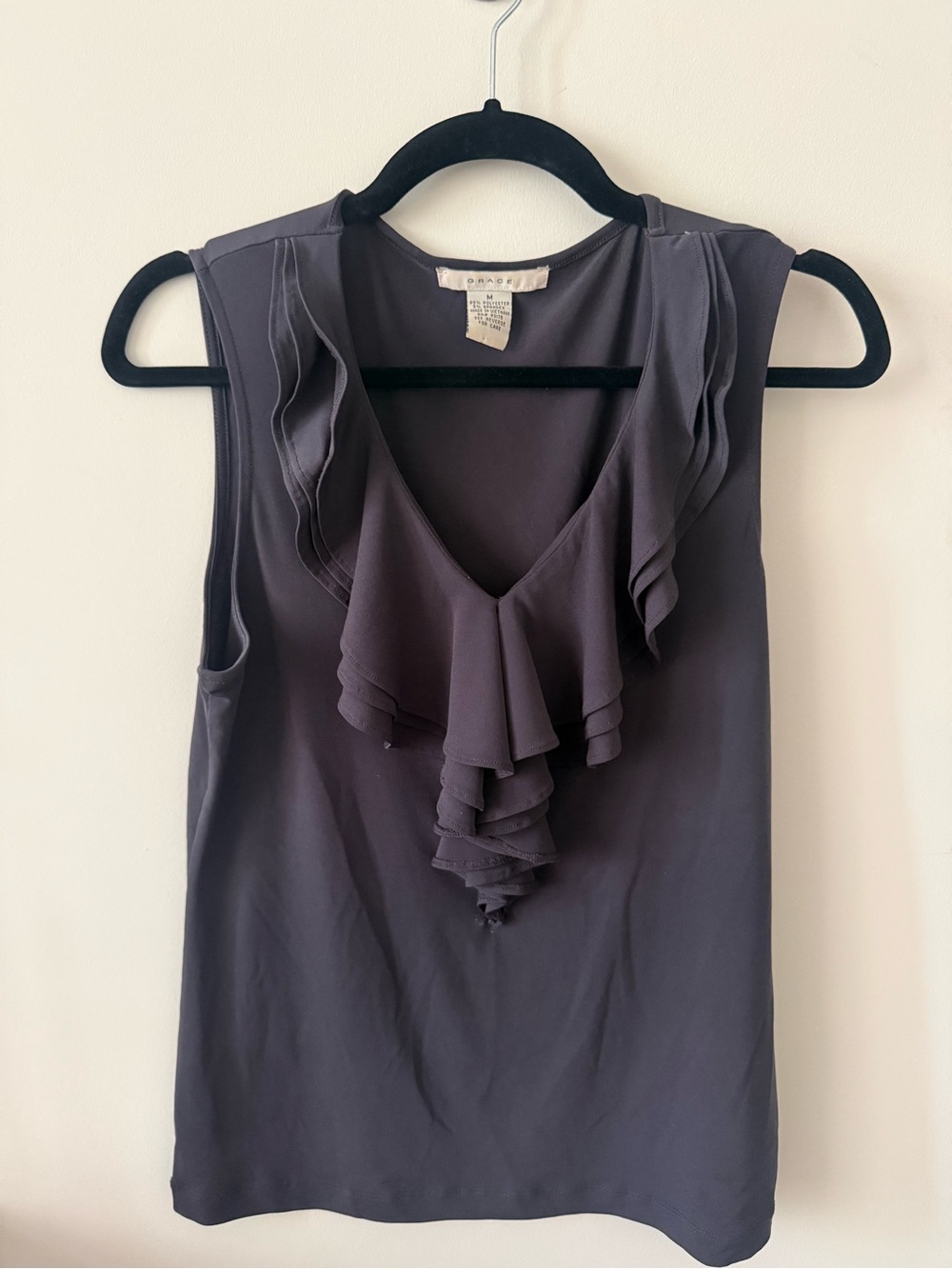 Vintage Grace Ruffle V-Neck Sleeveless Camisole - Charcoal Gray